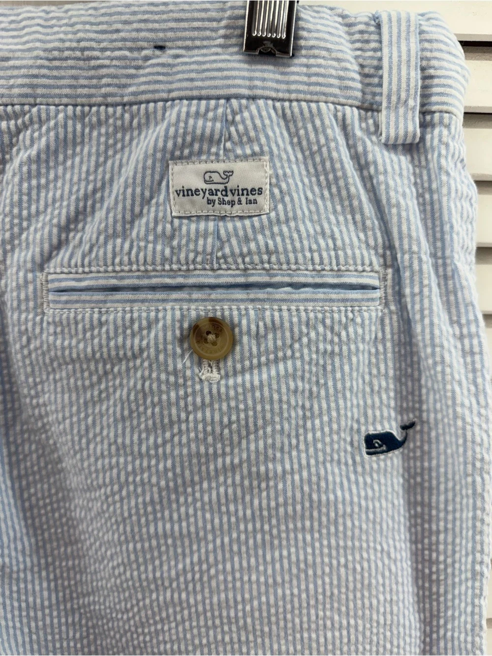 Vineyard vines boys size 14 Blue striped seersucker  Embroidered Whale Shorts